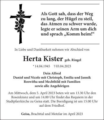 Traueranzeige von Herta Kister von Südthüringer Presse