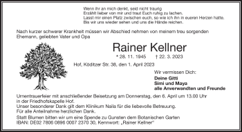 Traueranzeige von Rainer Kellner von Frankenpost