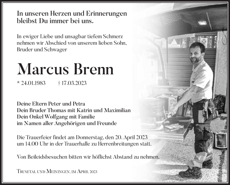  Traueranzeige für Marcus Brenn vom 15.04.2023 aus Südthüringer Presse
