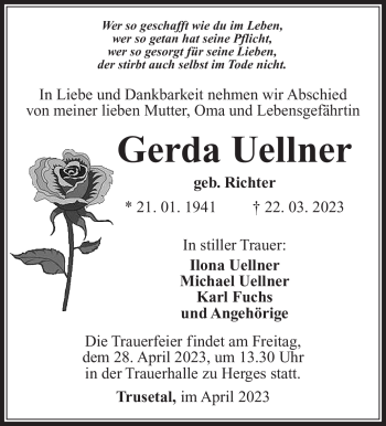 Traueranzeige von Gerda Uellner von Südthüringer Presse