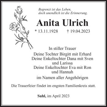 Traueranzeige von Anita Ulrich von Südthüringer Presse