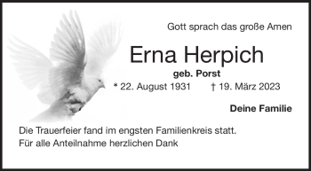 Traueranzeige von Erna Herpich von Frankenpost