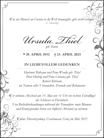 Traueranzeige von Ursula Thiel von Südthüringer Presse