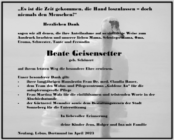 Traueranzeige von Beate Geisensetter von Südthüringer Presse