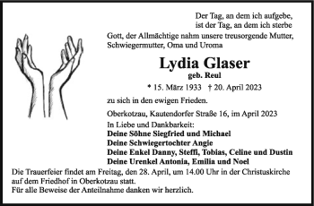 Traueranzeige von Lydia Glaser von Frankenpost