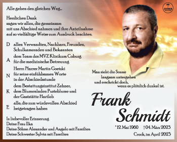Traueranzeige von Frank Schmidt von Südthüringer Presse