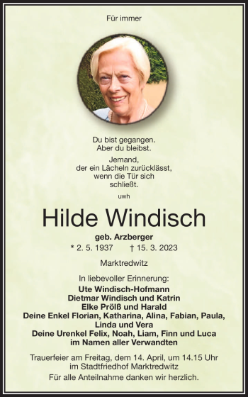 Traueranzeige von Hilde Windisch von Frankenpost