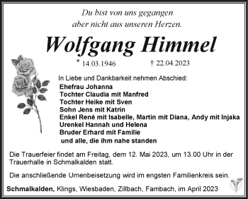 Traueranzeige von Wolfgang Himmel von Südthüringer Presse