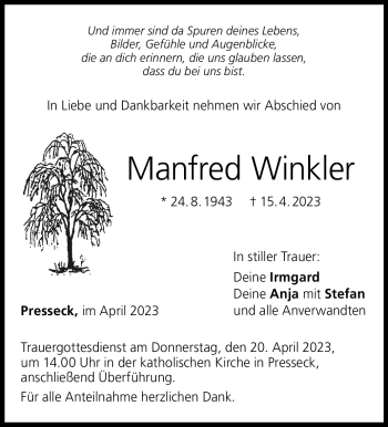 Traueranzeige von Manfred Winkler von Frankenpost