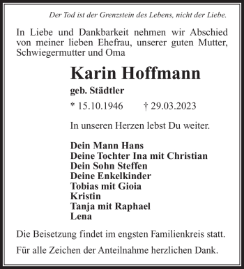 Traueranzeige von Karin Hoffmann von Südthüringer Presse