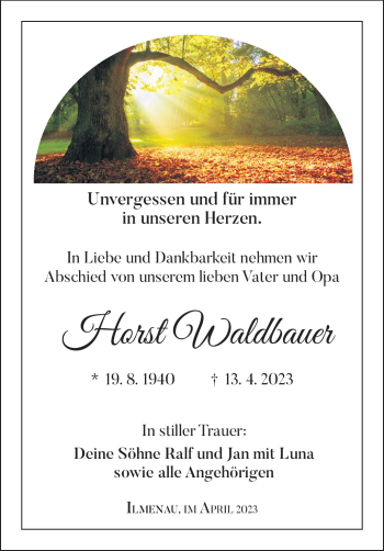 Traueranzeige von Horst Waldbauer von Südthüringer Presse
