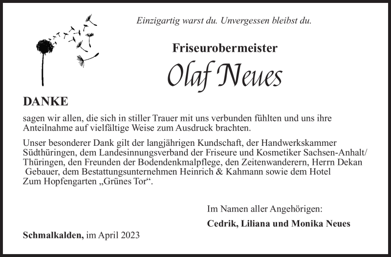  Traueranzeige für Olaf Neues vom 01.04.2023 aus Südthüringer Presse