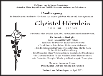 Traueranzeige von Christel Hörnlein von Südthüringer Presse