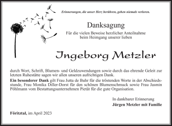 Traueranzeige von Ingeborg Metzler von Südthüringer Presse