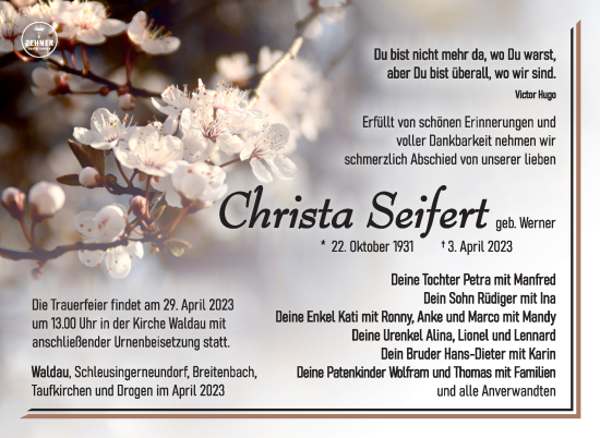 Traueranzeige von Christa Seifert von Südthüringer Presse