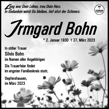 Traueranzeige von Irmgard Bohn von Südthüringer Presse