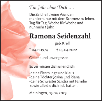Traueranzeige von Ramona Seidenzahl von Südthüringer Presse