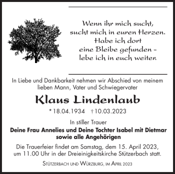 Traueranzeige von Klaus Lindenlaub von Südthüringer Presse
