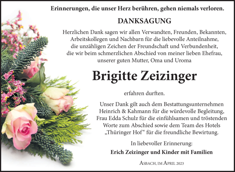  Traueranzeige für Brigitte Zeizinger vom 08.04.2023 aus Südthüringer Presse