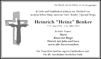 Traueranzeige von Heinrich Benker von Frankenpost