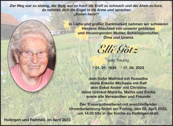 Traueranzeige von Elli Götz von Südthüringer Presse