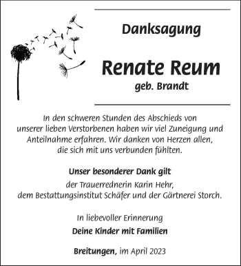 Traueranzeige von Renate Reum von Südthüringer Presse