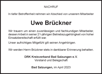 Traueranzeige von Uwe Brückner von Südthüringer Presse
