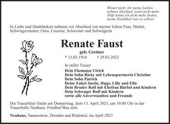 Traueranzeige von Renate Faust von Südthüringer Presse