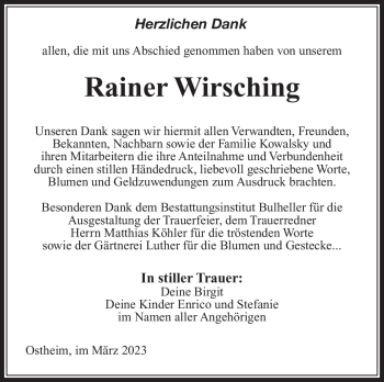 Traueranzeige von Rainer Wirsching von Südthüringer Presse