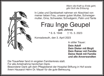 Traueranzeige von Inge Geupel von Frankenpost