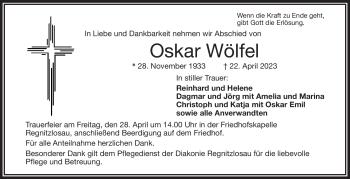 Traueranzeige von Oskar Wölfel von Frankenpost