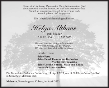 Traueranzeige von Helga Althans von Südthüringer Presse