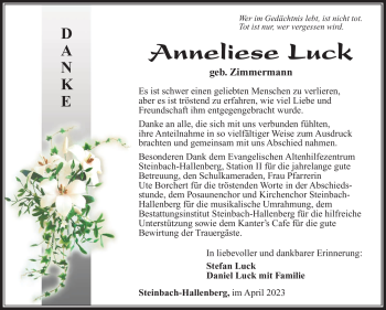 Traueranzeige von Anneliese Luck von Südthüringer Presse