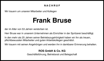Traueranzeige von Frank Bruse von Neue Presse Coburg