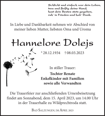 Traueranzeige von Hannelore Dolejs von Südthüringer Presse