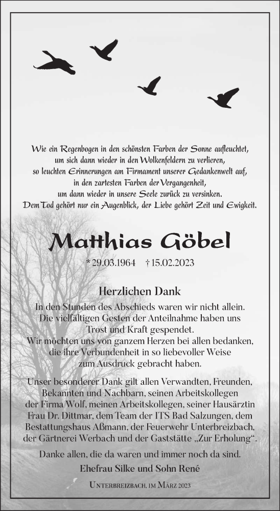 Traueranzeige von Matthias Göbel von Südthüringer Presse