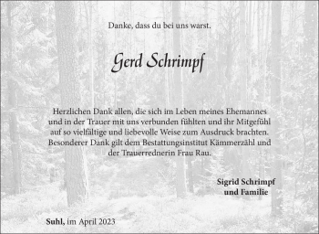 Traueranzeige von Gerd Schrimpf von Südthüringer Presse