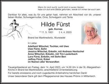 Traueranzeige von Hilde Fürst von Frankenpost
