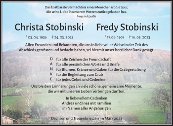 Traueranzeige von ChristaFredy StobinskiStobinski von Südthüringer Presse