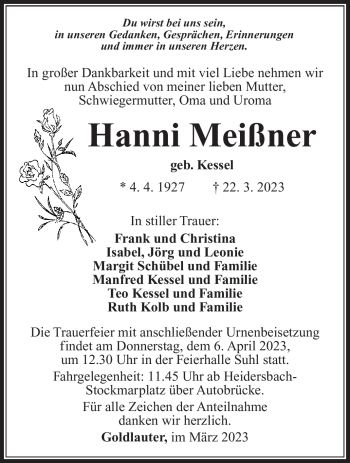 Traueranzeige von Hanni Meißner von Südthüringer Presse