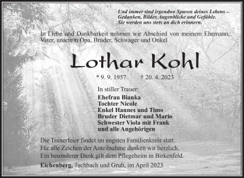 Traueranzeige von Lothar Kohl von Südthüringer Presse