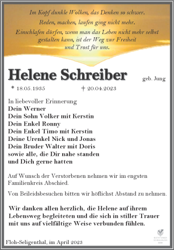 Traueranzeige von Helene Schreiber von Südthüringer Presse