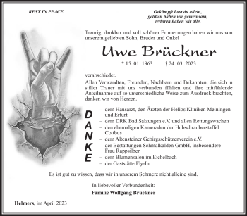 Traueranzeige von Uwe Brückner von Südthüringer Presse