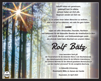 Traueranzeige von Rolf Bätz von Südthüringer Presse