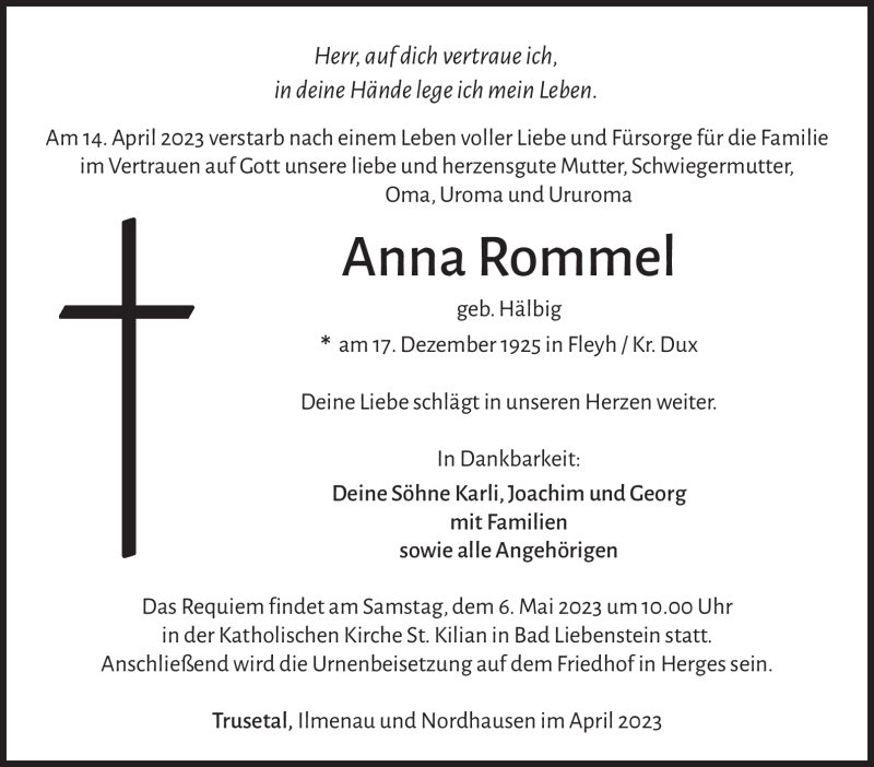  Traueranzeige für Anna Rommel vom 29.04.2023 aus Südthüringer Presse