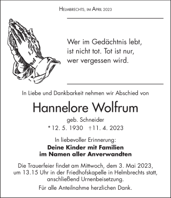 Traueranzeige von Hannelore Wolfrum von Frankenpost