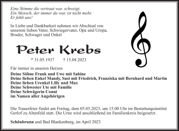 Traueranzeige von Peter Krebs von Südthüringer Presse
