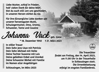 Traueranzeige von Johanna Vack von Südthüringer Presse