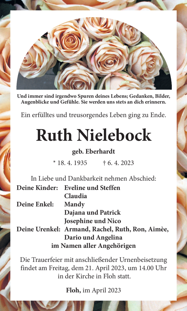  Traueranzeige für Ruth Nielebock vom 15.04.2023 aus Südthüringer Presse