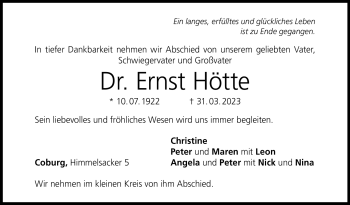 Traueranzeige von Ernst Hötte von Neue Presse Coburg
